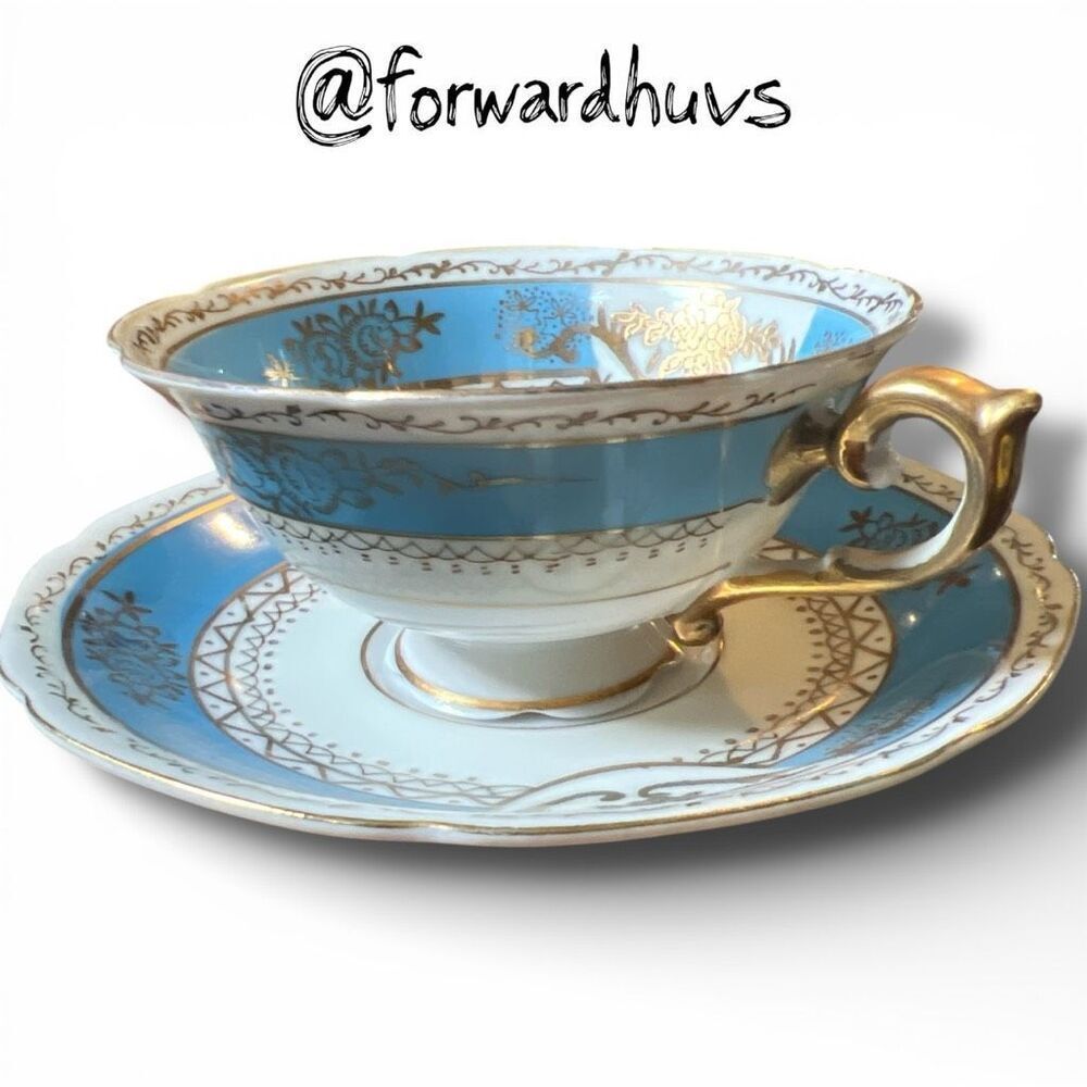 Merit Teacup & Saucer – Blue with Gold Trim – Hand-Painted China – Occupied Japa